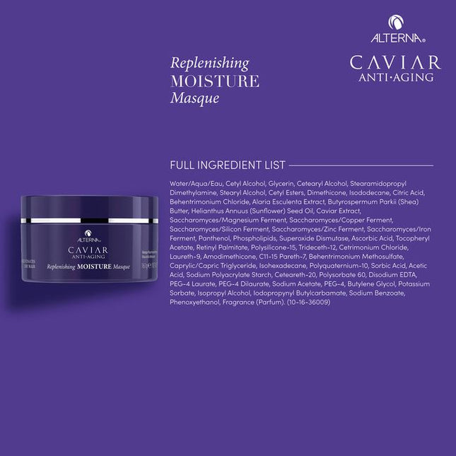 Alterna Caviar Anti-Aging Replenishing Moisture Masque is an intensive moisturizing treatment that replenishes moisture-starved strands, leaving hair smooth, silky and youthfully restored. This once-a-week treatment provides an exceptional dose of moisture to completely rejuvenate dry, coarse, and damaged hair.