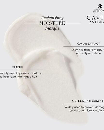 Alterna Caviar Anti-Aging Replenishing Moisture Masque is an intensive moisturizing treatment that replenishes moisture-starved strands, leaving hair smooth, silky and youthfully restored. This once-a-week treatment provides an exceptional dose of moisture to completely rejuvenate dry, coarse, and damaged hair.
