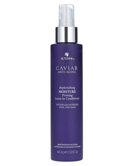 Alterna Caviar Anti-Aging Replenishing Moisture Priming Leave-in Conditioner is a lightweight, leave-in conditioning spray, formulated with Moisture Restoring Complex, to detangle &amp; prime fine, dry hair, providing heat protection &amp; a barrier to humidity for frizz control &amp; style retention. Hair is left moisturized, manageable healthy, without added weight.