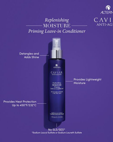 Alterna Caviar Anti-Aging Replenishing Moisture Priming Leave-in Conditioner is a lightweight, leave-in conditioning spray, formulated with Moisture Restoring Complex, to detangle &amp; prime fine, dry hair, providing heat protection &amp; a barrier to humidity for frizz control &amp; style retention. Hair is left moisturized, manageable healthy, without added weight.