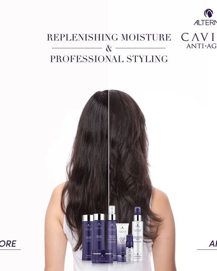 Alterna Caviar Anti-Aging Replenishing Moisture Shampoo attracts, retains and rebalances moisture while protecting color, and improving the overall performance of dry, brittle hair. Formulated with Seasilk, Color Hold and UVA/UVB protection to shield from color fade, daily stresses and future damage. Incorporates Alterna's Age-Control Complex that includes caviar extract, vitamin C and cytokines for stronger, healthier, younger looking hair.