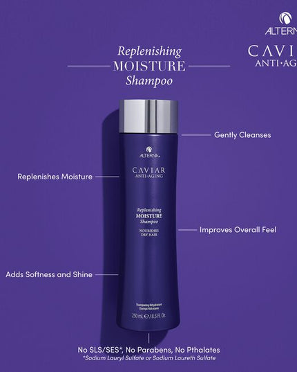 Alterna Caviar Anti-Aging Replenishing Moisture Shampoo attracts, retains and rebalances moisture while protecting color, and improving the overall performance of dry, brittle hair. Formulated with Seasilk, Color Hold and UVA/UVB protection to shield from color fade, daily stresses and future damage. Incorporates Alterna's Age-Control Complex that includes caviar extract, vitamin C and cytokines for stronger, healthier, younger looking hair.