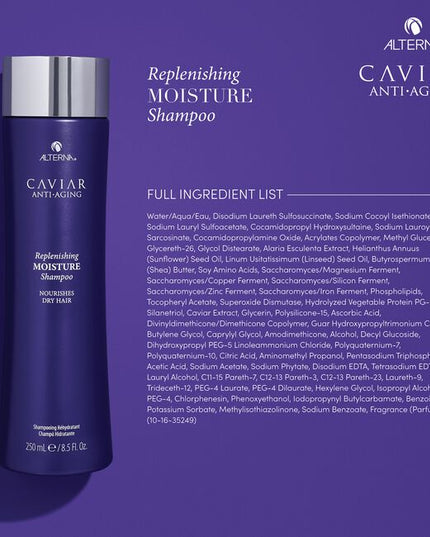 Alterna Caviar Anti-Aging Replenishing Moisture Shampoo attracts, retains and rebalances moisture while protecting color, and improving the overall performance of dry, brittle hair. Formulated with Seasilk, Color Hold and UVA/UVB protection to shield from color fade, daily stresses and future damage. Incorporates Alterna's Age-Control Complex that includes caviar extract, vitamin C and cytokines for stronger, healthier, younger looking hair.