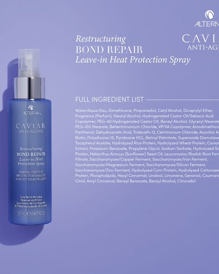 The Alterna Caviar Anti-Aging Restructuring Bond Repair Leave-in Heat Protection Spray is a vitamin-enriched treatment spray with Caviar Bond Enforcing Technology that protects strands from heat while strengthening and smoothing hair. It creates a protective barrier, preventing breakage, split ends and frizz for hair that is soft, manageable and style-ready. Caviar Restructuring Bond Repair Leave-in Heat Protection Spray is proven to help strengthen and shield hair while protecting hair from thermal damage 