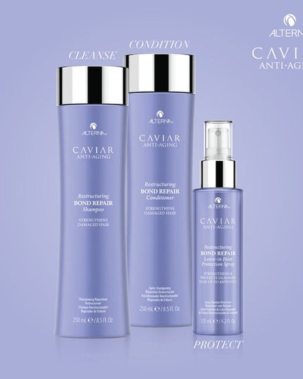 The Alterna Caviar Anti-Aging Restructuring Bond Repair Leave-in Heat Protection Spray is a vitamin-enriched treatment spray with Caviar Bond Enforcing Technology that protects strands from heat while strengthening and smoothing hair. It creates a protective barrier, preventing breakage, split ends and frizz for hair that is soft, manageable and style-ready. Caviar Restructuring Bond Repair Leave-in Heat Protection Spray is proven to help strengthen and shield hair while protecting hair from thermal damage 