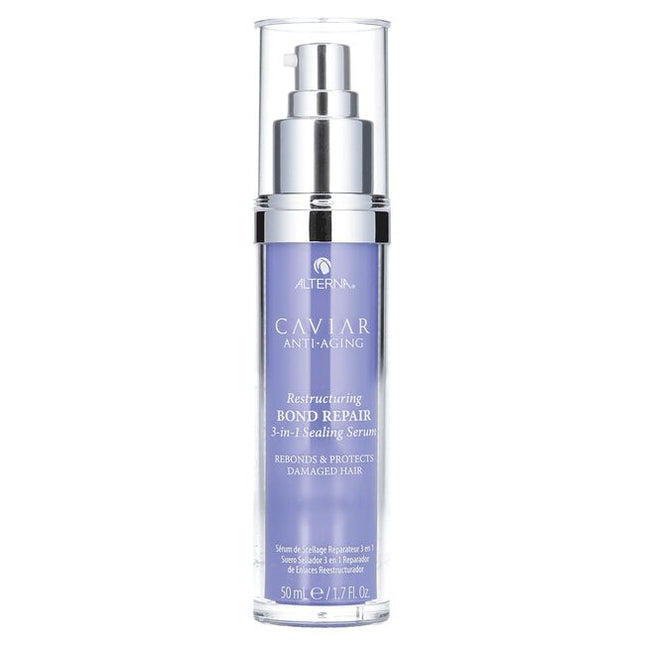 Alterna Caviar Anti-Aging Restructuring Bond Repair 3-in-1 Sealing Serum is designed to be a proactive and reactive powerhouse for damaged and aging hair. The triple-action concentrated formula consists of a biomimetic amino acid/lipid blend that imitates those naturally found in hair to help seal, repair and protect strands at their core. Formulated with Caviar Bond Enforcing Technology, this serum intuitively targets and seals cracks and fissures in the hair surface to instantly transform hair. Proven to 