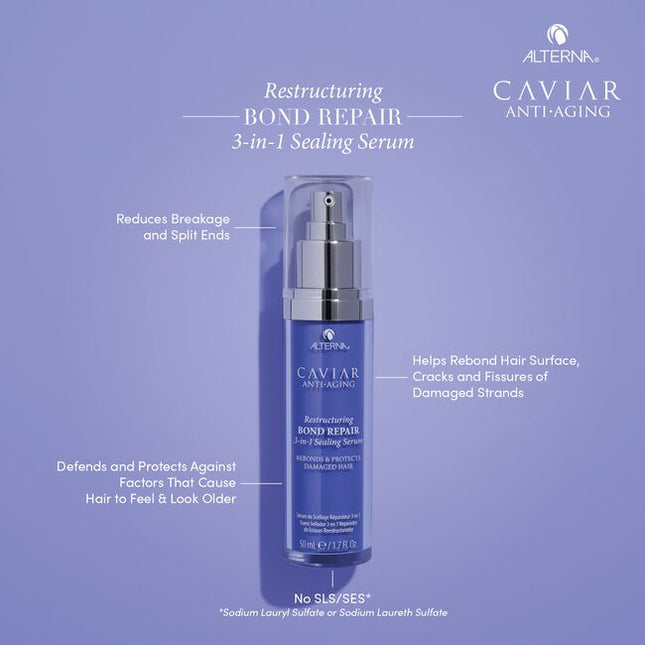 Alterna Caviar Anti-Aging Restructuring Bond Repair 3-in-1 Sealing Serum is designed to be a proactive and reactive powerhouse for damaged and aging hair. The triple-action concentrated formula consists of a biomimetic amino acid/lipid blend that imitates those naturally found in hair to help seal, repair and protect strands at their core. Formulated with Caviar Bond Enforcing Technology, this serum intuitively targets and seals cracks and fissures in the hair surface to instantly transform hair. Proven to 