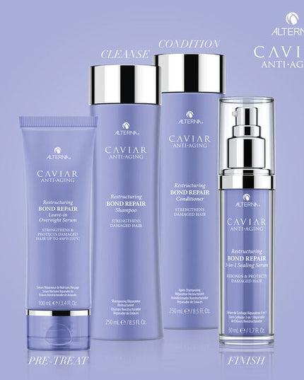 Alterna Caviar Anti-Aging Restructuring Bond Repair 3-in-1 Sealing Serum is designed to be a proactive and reactive powerhouse for damaged and aging hair. The triple-action concentrated formula consists of a biomimetic amino acid/lipid blend that imitates those naturally found in hair to help seal, repair and protect strands at their core. Formulated with Caviar Bond Enforcing Technology, this serum intuitively targets and seals cracks and fissures in the hair surface to instantly transform hair. Proven to 