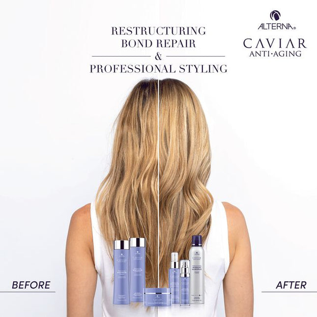 Alterna Caviar Anti-Aging Restructuring Bond Repair 3-in-1 Sealing Serum is designed to be a proactive and reactive powerhouse for damaged and aging hair. The triple-action concentrated formula consists of a biomimetic amino acid/lipid blend that imitates those naturally found in hair to help seal, repair and protect strands at their core. Formulated with Caviar Bond Enforcing Technology, this serum intuitively targets and seals cracks and fissures in the hair surface to instantly transform hair. Proven to 