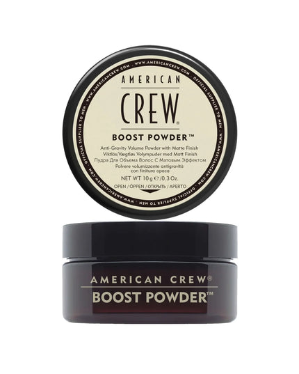 Anti-gravity volume powder with matte finish Give hair lift, thickness and a matte finish with American Crew Boost Powder. This weightless powder adds grit for dramatic, gravity-defying texture. And, it can be layered with virtually any other American Crew styling product.