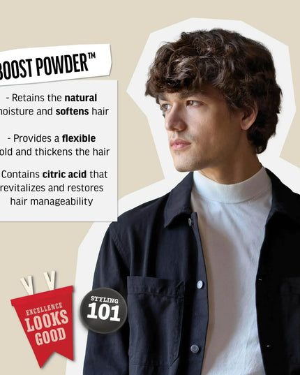 Anti-gravity volume powder with matte finish Give hair lift, thickness and a matte finish with American Crew Boost Powder. This weightless powder adds grit for dramatic, gravity-defying texture. And, it can be layered with virtually any other American Crew styling product.