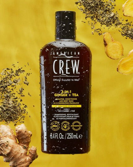 All-in-one shampoo, conditioner, and body wash formulated with energizing Ginger and Tea scent.