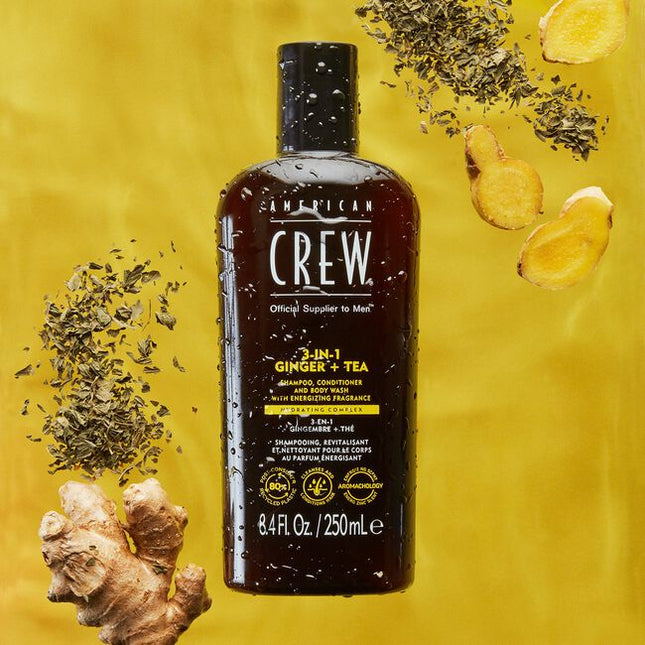 All-in-one shampoo, conditioner, and body wash formulated with energizing Ginger and Tea scent.