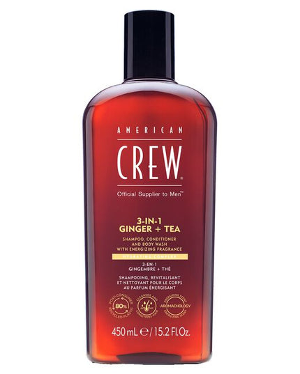 All-in-one shampoo, conditioner, and body wash formulated with energizing Ginger and Tea scent.