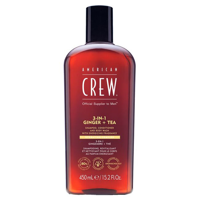 All-in-one shampoo, conditioner, and body wash formulated with energizing Ginger and Tea scent.