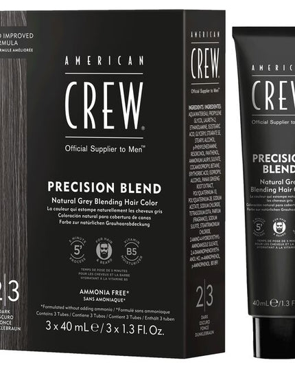 New and Improved American Crew Precision Blend enables Professionals to provide for their clients with natural grey coverage for hair AND beard. The upgraded formulation works in just five minutes and is infused with vitamin B5 for moisturization.