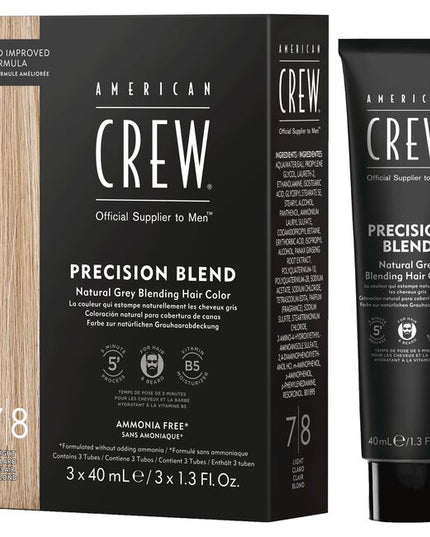 New and Improved American Crew Precision Blend enables Professionals to provide for their clients with natural grey coverage for hair AND beard. The upgraded formulation works in just five minutes and is infused with vitamin B5 for moisturization.