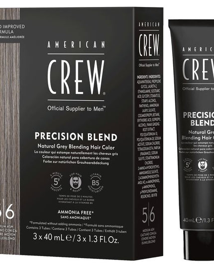 New and Improved American Crew Precision Blend enables Professionals to provide for their clients with natural grey coverage for hair AND beard. The upgraded formulation works in just five minutes and is infused with vitamin B5 for moisturization.