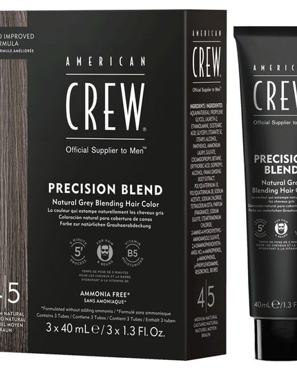 New and Improved American Crew Precision Blend enables Professionals to provide for their clients with natural grey coverage for hair AND beard. The upgraded formulation works in just five minutes and is infused with vitamin B5 for moisturization.