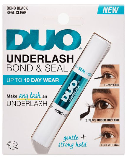 Make any false lash an underlash with DUO Bond &amp; Seal. The pointy, medium-firm foam applicator is easy to use and allows for precise placement of bond. The clear bond is strong enough to hold lashes, yet gentle enough to keep natural lashes safe. The Seal formula is clear and designed to remove any tackiness from the Bond as well as to provide longevity for your lashes. Achieve a seamless and effortless lash look!