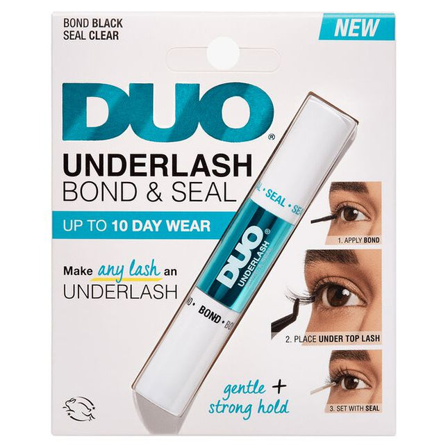 Make any false lash an underlash with DUO Bond &amp; Seal. The pointy, medium-firm foam applicator is easy to use and allows for precise placement of bond. The clear bond is strong enough to hold lashes, yet gentle enough to keep natural lashes safe. The Seal formula is clear and designed to remove any tackiness from the Bond as well as to provide longevity for your lashes. Achieve a seamless and effortless lash look!