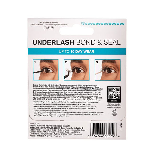 Make any false lash an underlash with DUO Bond &amp; Seal. The pointy, medium-firm foam applicator is easy to use and allows for precise placement of bond. The clear bond is strong enough to hold lashes, yet gentle enough to keep natural lashes safe. The Seal formula is clear and designed to remove any tackiness from the Bond as well as to provide longevity for your lashes. Achieve a seamless and effortless lash look!