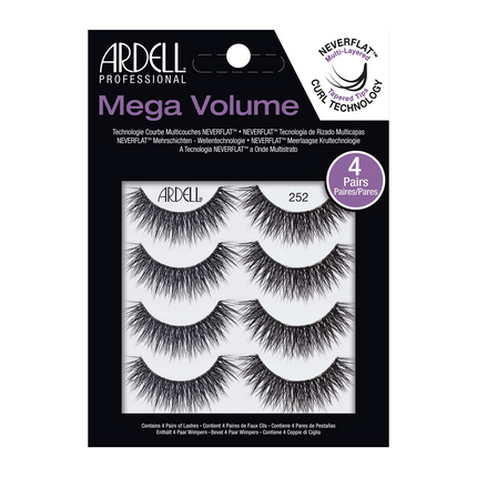 Ardell Mega Volume Lashes #252 creates multi-dimensional lashes that offer maximum lash attraction. This new volumizing full lash style offers NeverFlat Curl Technology with tapered tips that blend naturally with your lashes for an enhanced 3D effect.