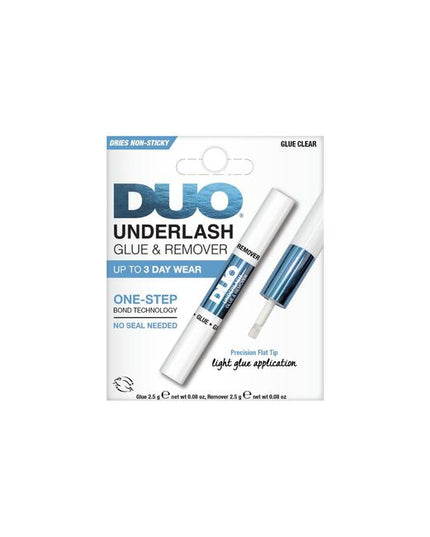 DUO Underlash Glue &amp; Remover is a one-step lash adhesive designed for fast, easy underlash application no seal needed. Featuring a gentle clear glue that dries non-sticky, this innovative formula delivers secure hold for up to 3 days and includes a remover for effortless lash removal.