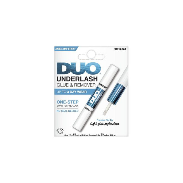DUO Underlash Glue &amp; Remover is a one-step lash adhesive designed for fast, easy underlash application no seal needed. Featuring a gentle clear glue that dries non-sticky, this innovative formula delivers secure hold for up to 3 days and includes a remover for effortless lash removal.