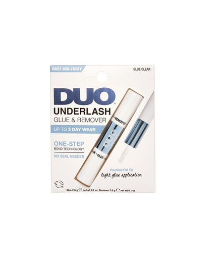 DUO Underlash Glue &amp; Remover is a one-step lash adhesive designed for fast, easy underlash application no seal needed. Featuring a gentle clear glue that dries non-sticky, this innovative formula delivers secure hold for up to 3 days and includes a remover for effortless lash removal.