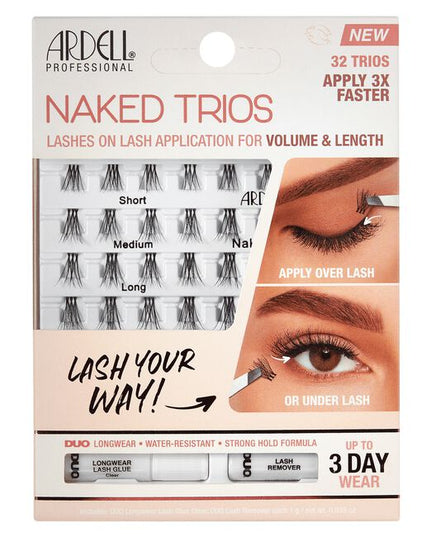Naked Trios combines 3 individual lashes on one superfine Invisiband for 3 times faster lash application! Wider surface lash base makes it easier to grip with tweezers. A mix of short, medium, and long lengths, lets you control the result. Amp up the entire lash line or add fullness where you want. Build up your look from day to night. Fill in gaps, accent, customize with different layers and lengths. Natural or knockout, subtle or stunning, under or over lash application -- you call the shots. 