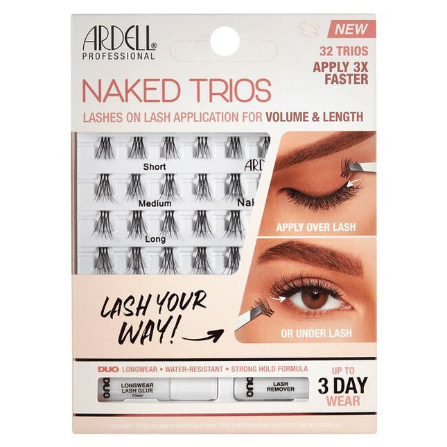 Naked Trios combines 3 individual lashes on one superfine Invisiband for 3 times faster lash application! Wider surface lash base makes it easier to grip with tweezers. A mix of short, medium, and long lengths, lets you control the result. Amp up the entire lash line or add fullness where you want. Build up your look from day to night. Fill in gaps, accent, customize with different layers and lengths. Natural or knockout, subtle or stunning, under or over lash application -- you call the shots. 