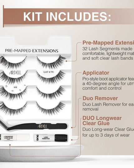 Created by a Professional Lash Technician for You. Where Lash Artistry meets Simplicity... Pre-Mapped Extensions provide the most popular salon looks in the comfort of your own home. Pre-mapped segments provide a smooth lash look without the abrupt steps of clusters, and without guessing what, where or how to apply.