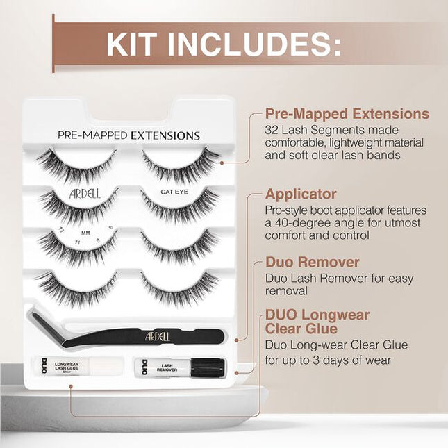 Created by a Professional Lash Technician for You. Where Lash Artistry meets Simplicity... Pre-Mapped Extensions provide the most popular salon looks in the comfort of your own home. Pre-mapped segments provide a smooth lash look without the abrupt steps of clusters, and without guessing what, where or how to apply.