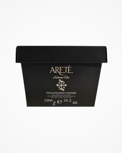 ARETÉ Enlightenment Powder is a high-performance, ultra-luxurious lightener designed to deliver up to 9 levels of fast, controlled lift while helping preserve the hair’s integrity throughout the lightening process. Infused with vegan, hyaluronic-like sugar amino acids, taurine, and indigo pigments, this elevated formula supports moisture retention, enhanced cosmetic feel, and cleaner neutralization during lift.