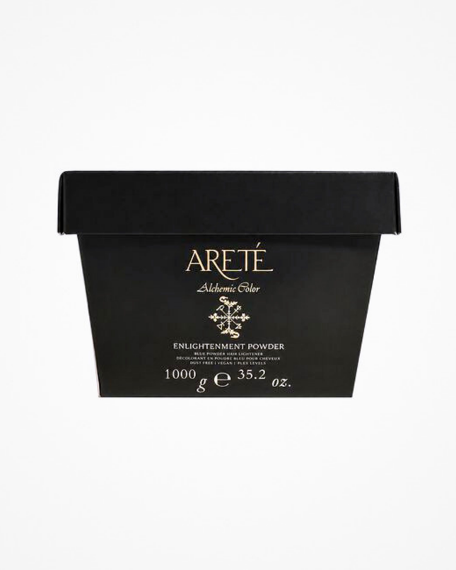 ARETÉ Enlightenment Powder is a high-performance, ultra-luxurious lightener designed to deliver up to 9 levels of fast, controlled lift while helping preserve the hair’s integrity throughout the lightening process. Infused with vegan, hyaluronic-like sugar amino acids, taurine, and indigo pigments, this elevated formula supports moisture retention, enhanced cosmetic feel, and cleaner neutralization during lift.