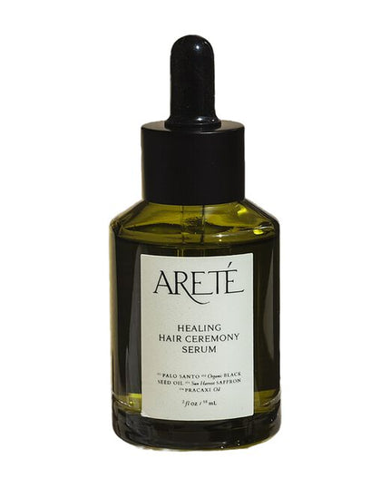 ARETÉ’s Healing Hair Ceremony Serum is a deeply nourishing finishing oil crafted to soften, seal, and revive hair with radiance and shine.