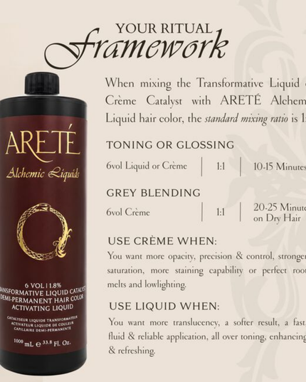 Unearth the full potential of ARETÉ’s ALCHEMIC LIQUIDS Acidic Demi-Permanent Color collection with our Transformative Liquid 6 VOL Catalyst.