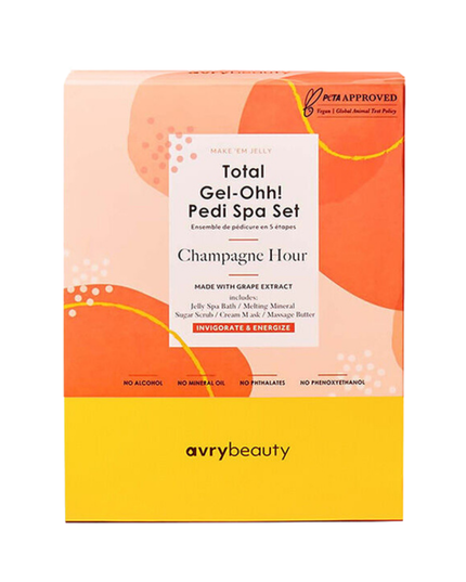 Cheers to the best spa pedicure! Your clients’ feet will fall in love with our Total Gel-Ohh! Pedi Spa Set. This all-in-one, 5-step pedicure kit includes a jelly spa bath, melting mineral, sugar scrub, cream mask, and massage cream to give them a luxurious spa experience like no other.
