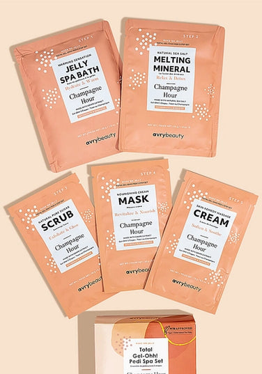 Cheers to the best spa pedicure! Your clients’ feet will fall in love with our Total Gel-Ohh! Pedi Spa Set. This all-in-one, 5-step pedicure kit includes a jelly spa bath, melting mineral, sugar scrub, cream mask, and massage cream to give them a luxurious spa experience like no other.