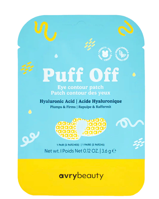 Tired eyes? Puff Off. Our Puff Off Eye Contour Patch with Hyaluronic Acid cools and soothes the under-eye area quickly. Powered by hyaluronic acid, these eye patches hydrate and plump for a refreshed look.