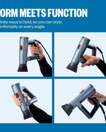 The first of its kind: an ergonomically designed hair dryer with infinite ways to hold. Powered by BaByliss’ largest 36 mm high-speed motor, delivering up to 37 million ions for faster drying and healthier-looking hair. Features dual cold-shot buttons and a new style-setting lock that automatically returns the dryer to your preset for every styling session.