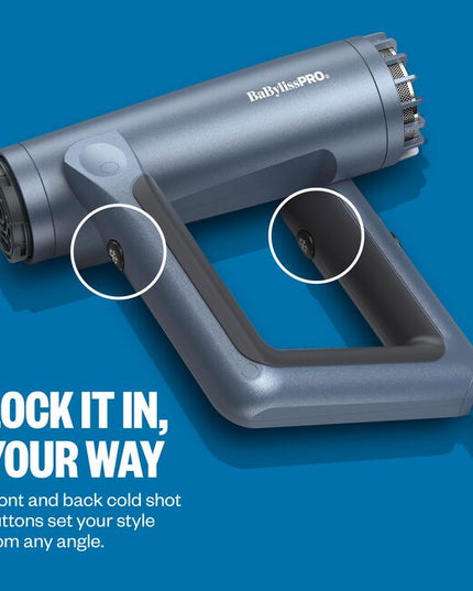 The first of its kind: an ergonomically designed hair dryer with infinite ways to hold. Powered by BaByliss’ largest 36 mm high-speed motor, delivering up to 37 million ions for faster drying and healthier-looking hair. Features dual cold-shot buttons and a new style-setting lock that automatically returns the dryer to your preset for every styling session.