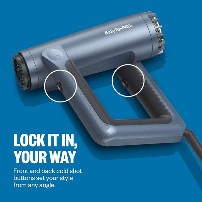 The first of its kind: an ergonomically designed hair dryer with infinite ways to hold. Powered by BaByliss’ largest 36 mm high-speed motor, delivering up to 37 million ions for faster drying and healthier-looking hair. Features dual cold-shot buttons and a new style-setting lock that automatically returns the dryer to your preset for every styling session.