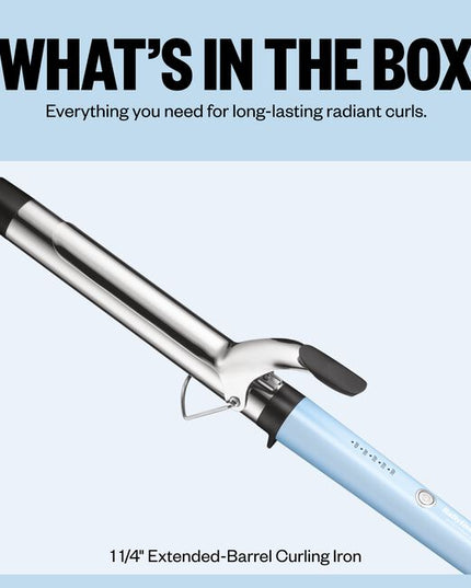 The Nano Titanium 1 1/4"" Extended Barrel Curling Iron features a 2” longer barrel than traditional curling irons, ideal for creating stunning curls in long hair. And now in a LIMITED EDITION Iced Blue!