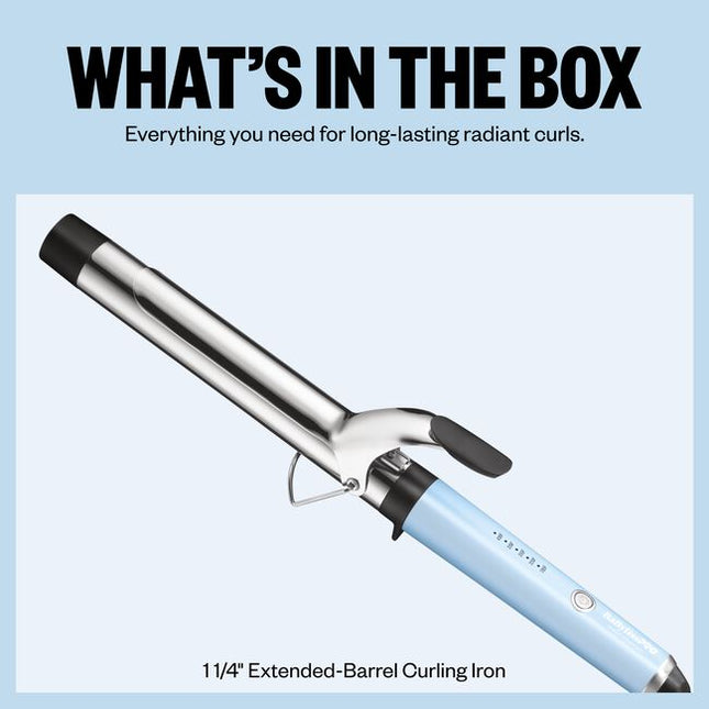The Nano Titanium 1 1/4"" Extended Barrel Curling Iron features a 2” longer barrel than traditional curling irons, ideal for creating stunning curls in long hair. And now in a LIMITED EDITION Iced Blue!
