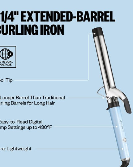 The Nano Titanium 1 1/4"" Extended Barrel Curling Iron features a 2” longer barrel than traditional curling irons, ideal for creating stunning curls in long hair. And now in a LIMITED EDITION Iced Blue!