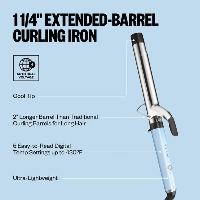 The Nano Titanium 1 1/4"" Extended Barrel Curling Iron features a 2” longer barrel than traditional curling irons, ideal for creating stunning curls in long hair. And now in a LIMITED EDITION Iced Blue!