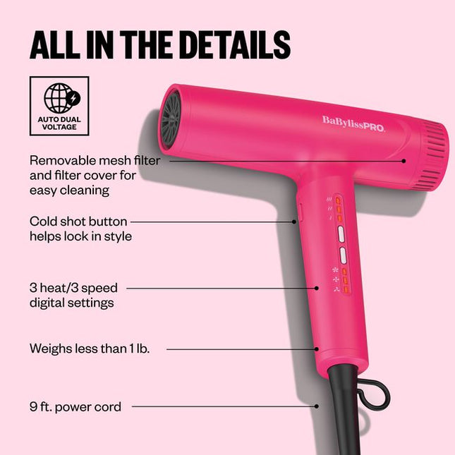 The Nano Titanium Light Ionic High-Speed Dryer by BaBylissPRO offers maximum smoothness and shine. T-shape design, fast airflow &amp; weighs under 1 lb. Now in a LIMITED EDITION Pink!