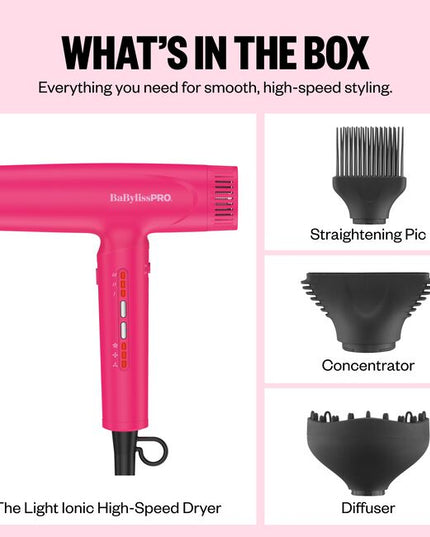 The Nano Titanium Light Ionic High-Speed Dryer by BaBylissPRO offers maximum smoothness and shine. T-shape design, fast airflow &amp; weighs under 1 lb. Now in a LIMITED EDITION Pink!